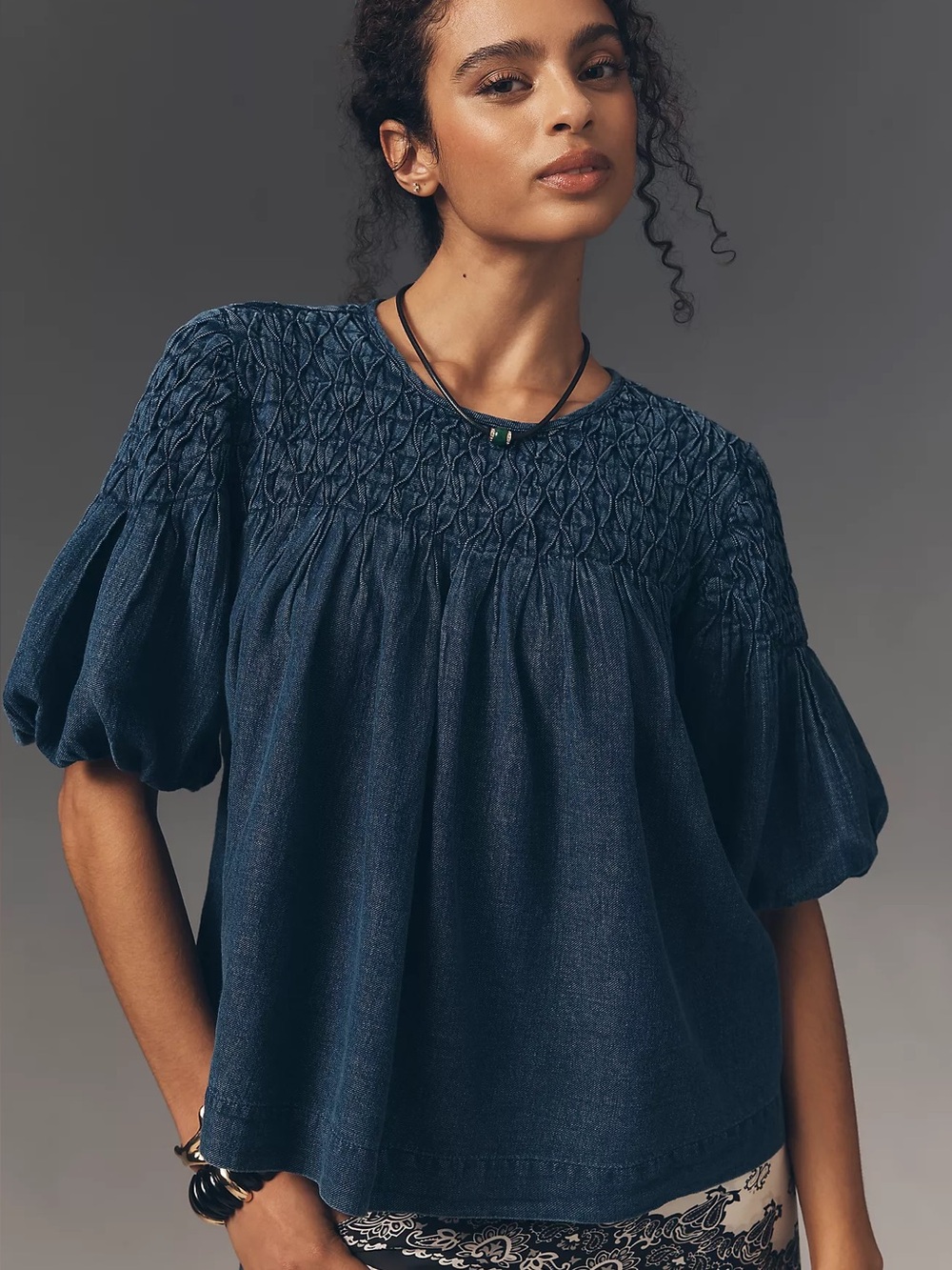 Anthropologie Smocked Puff-Sleeve Denim Blouse